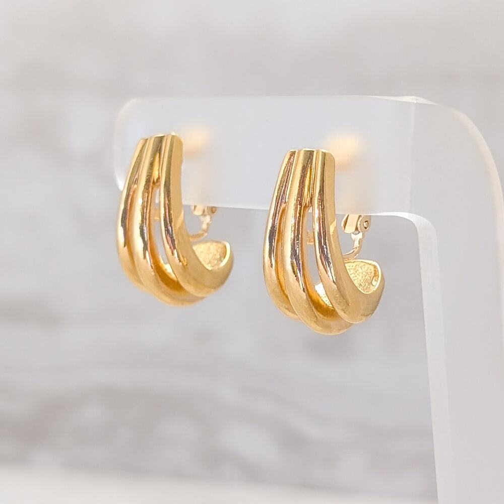 Vintage Clip On Earrings Gold Tone Elongated Half Hoop Stylish Statement Glam